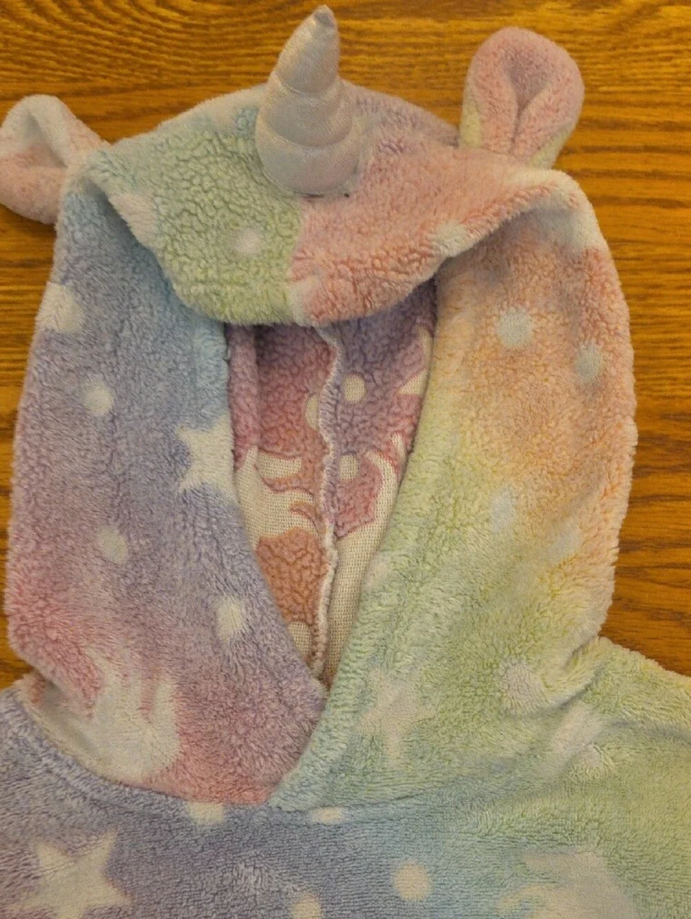 Kids Unicorn Hooded Fleece Nightgown - Pastel Rainbow Stars Size S (7/8)